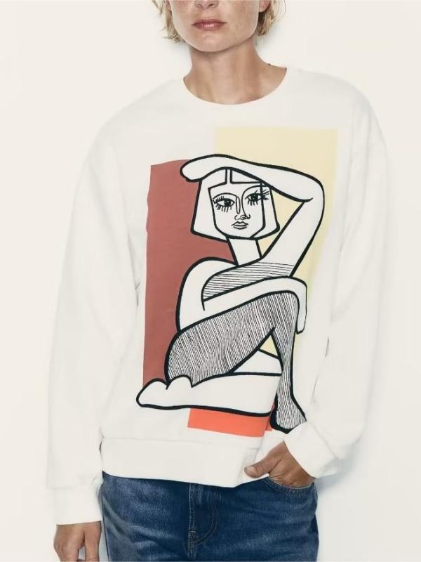 Cotton Loose Girl Embroidery Pattern Sweatshirt in Hoodies & Sweatshirts