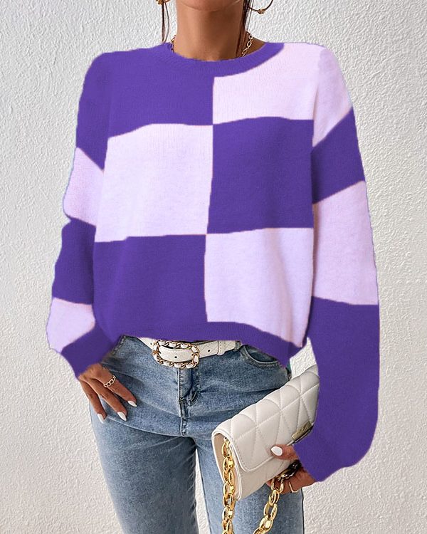 Contrast Color Plaid Crew Neck Loose Casual Pullover Sweater in Sweaters