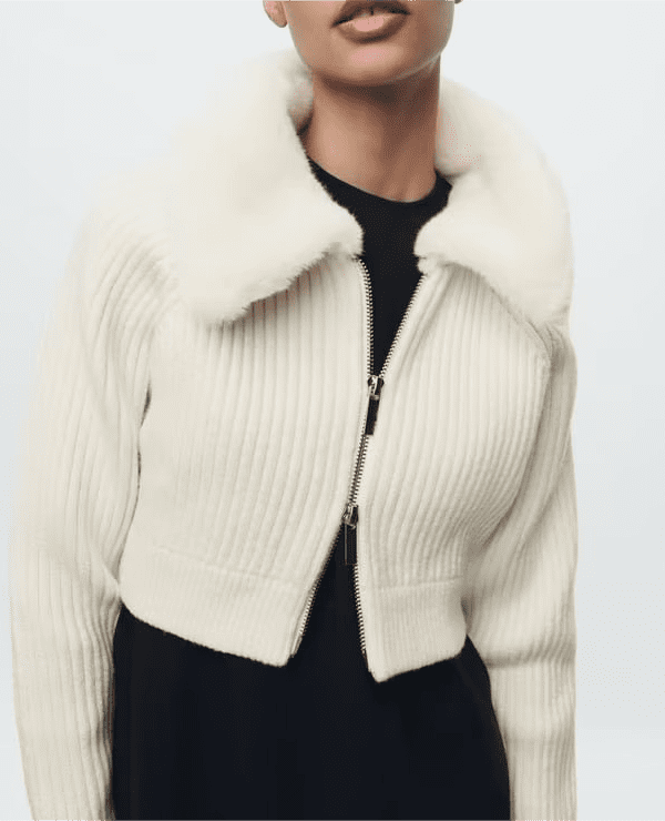 Artificial Fur Effect Collared Knitted Coat Sweater in Sweaters
