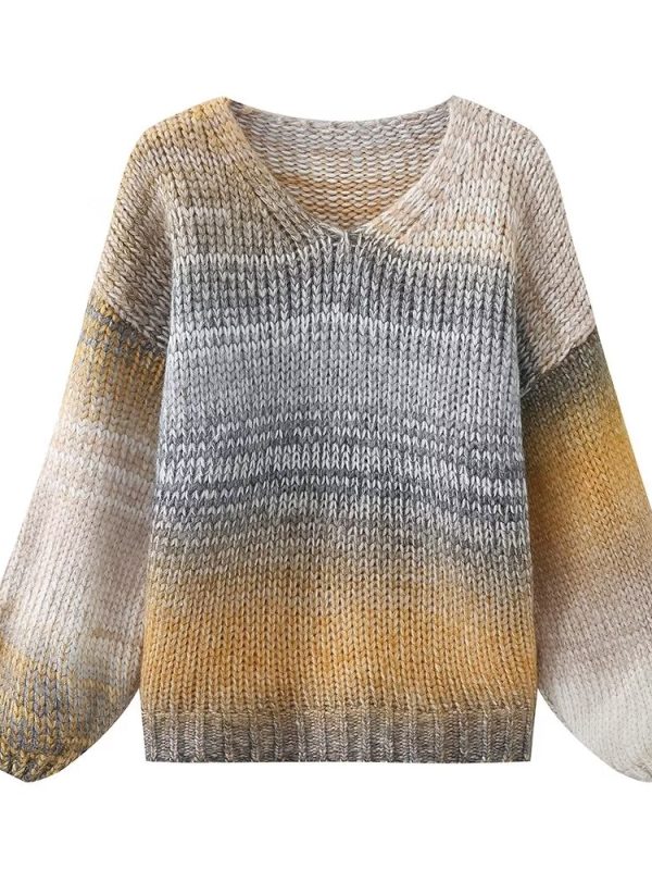 Large Thick Needle Mohair Gradient Color V Neck Sweater in Sweaters
