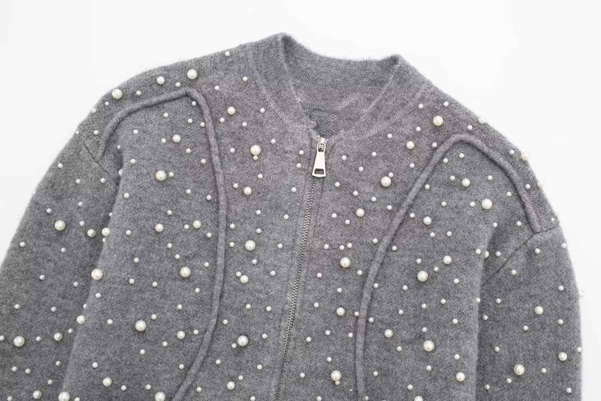 Gray Slimming Heavy Industry Beads Knitted Cardigan Sweater in Sweaters