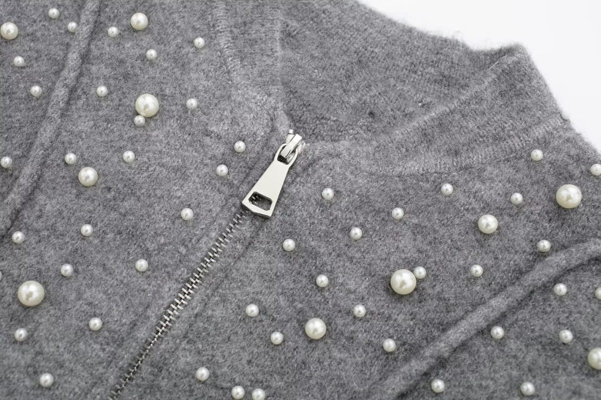 Gray Slimming Heavy Industry Beads Knitted Cardigan Sweater in Sweaters