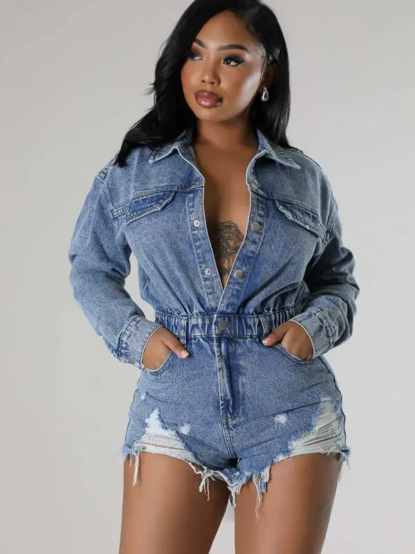 High Elasticity Ripped Tassel Loose Wash Denim Jumpsuit in Jumpsuits & Rompers