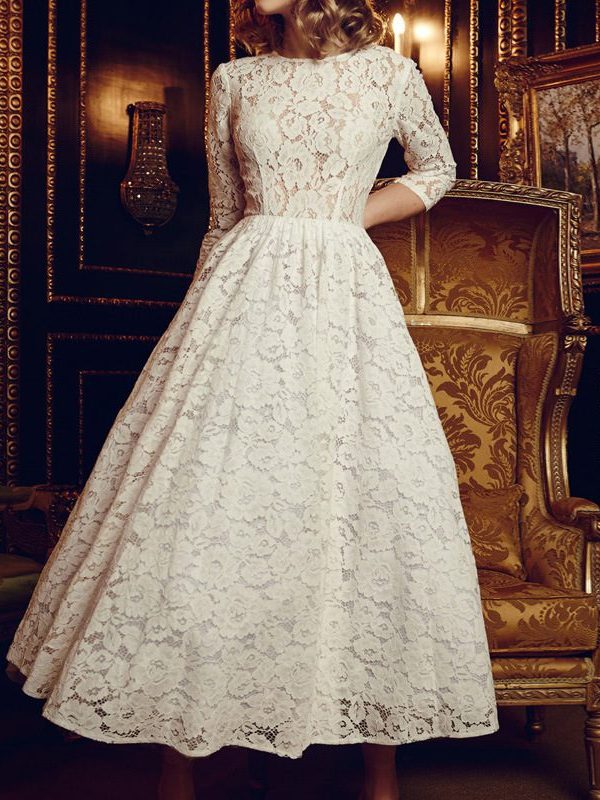 Round Neck Long Sleeve Lace Dress in Dresses