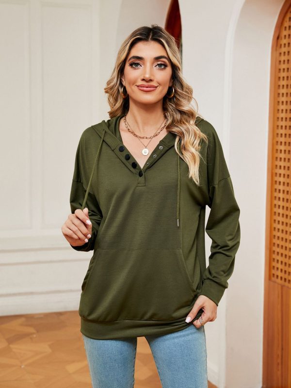 Buttons Drawstring Pocket Loose Long Sleeve Sweatershirt in Hoodies & Sweatshirts