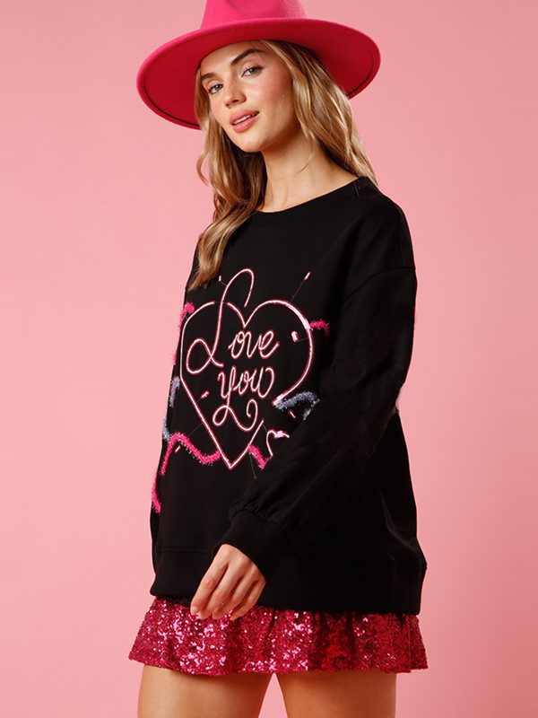 Valentine Day Love Sequin Loose Round Neck Knitted Sweatshirt in Hoodies & Sweatshirts