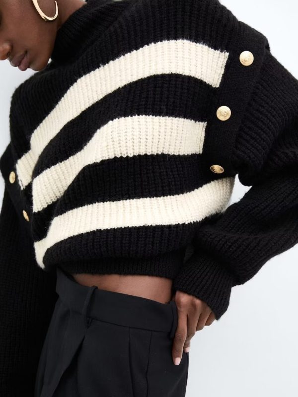 Stand Collar Buckle Striped Sweater in Sweaters
