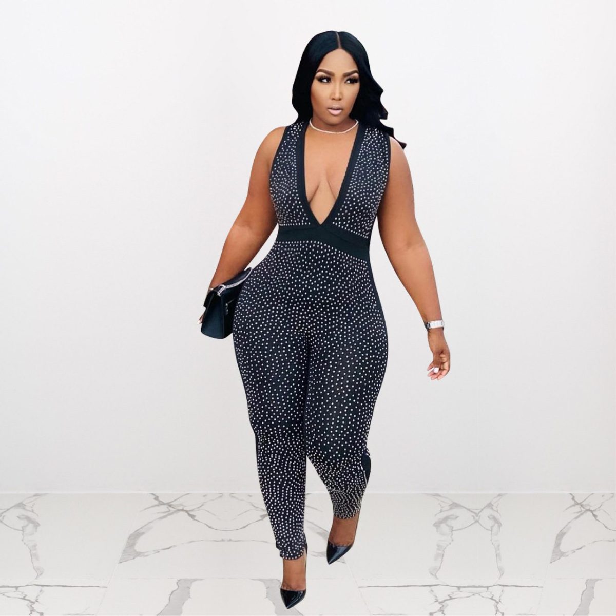 Sexy  Nightclub Rhinestone Deep V-neck Sexy Jumpsuit in Jumpsuits & Rompers
