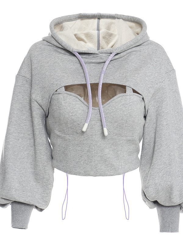 Hollow Out Cutout Out Faux Two Pieces Long Sleeve Short Sweater Hooded in Hoodies & Sweatshirts