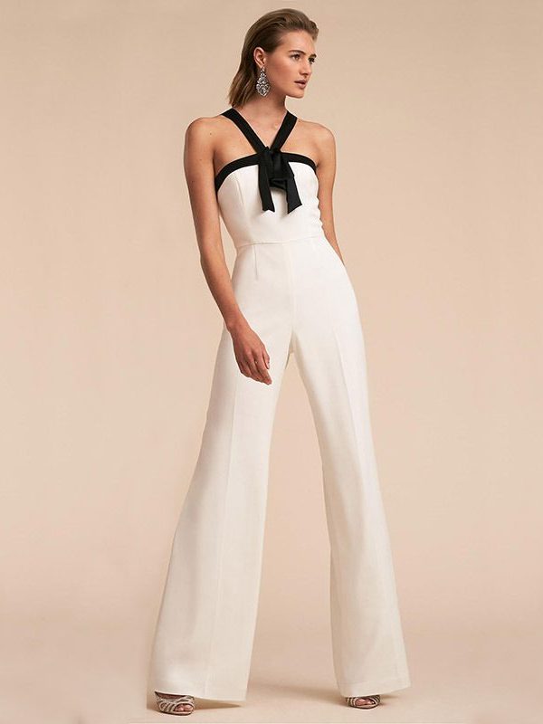 Contrast Color Suspender Hot White Jumpsuit in Jumpsuits & Rompers