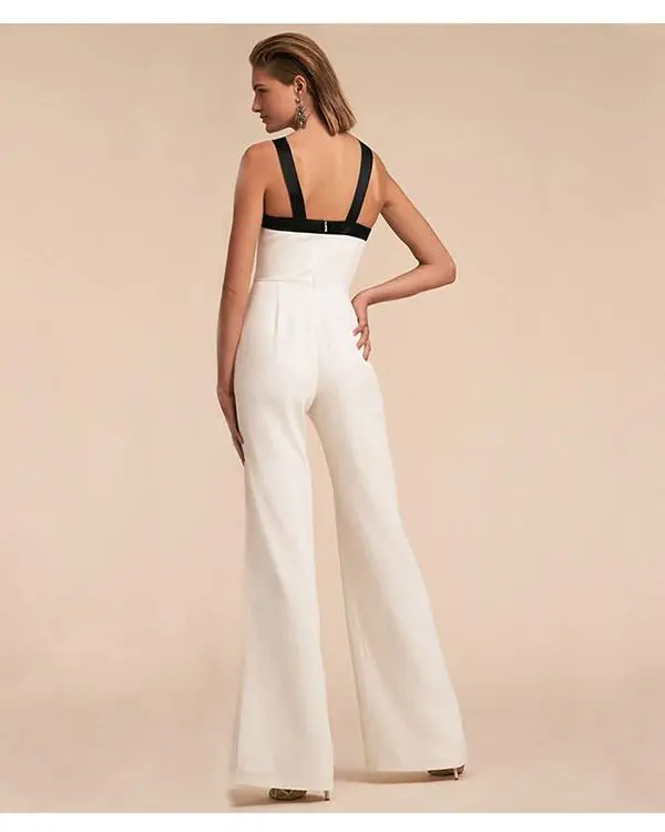 Contrast Color Suspender Hot White Jumpsuit in Jumpsuits & Rompers