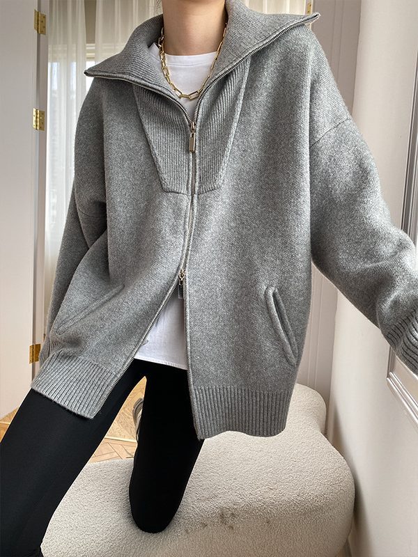 Double Zipper Lazy Fashionable Oversized Loose Profile Collared Knitted Cardigan Sweater in Sweaters