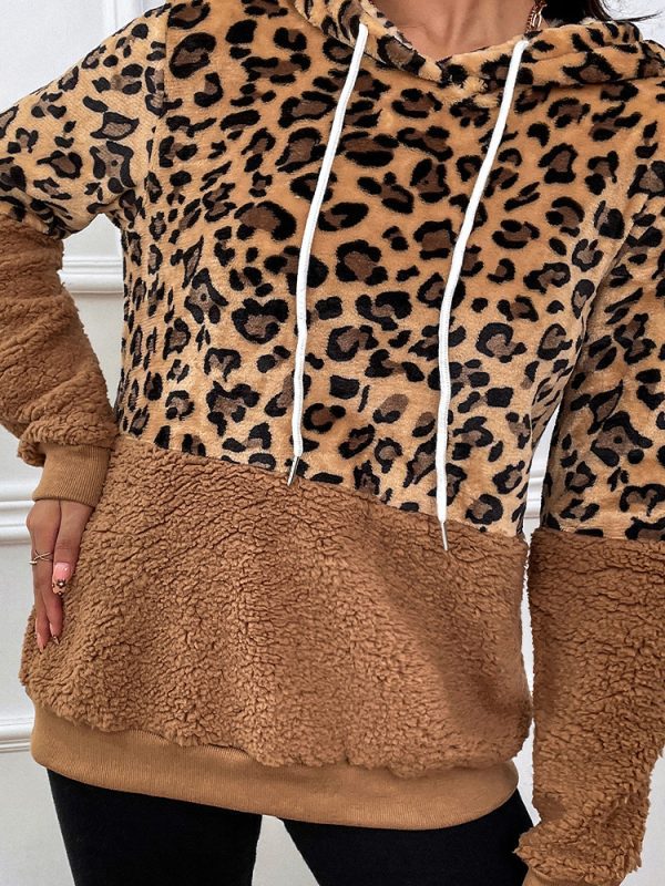 Hooded Fluffy Leopard Patchwork Fleece Sweatshirt in Hoodies & Sweatshirts