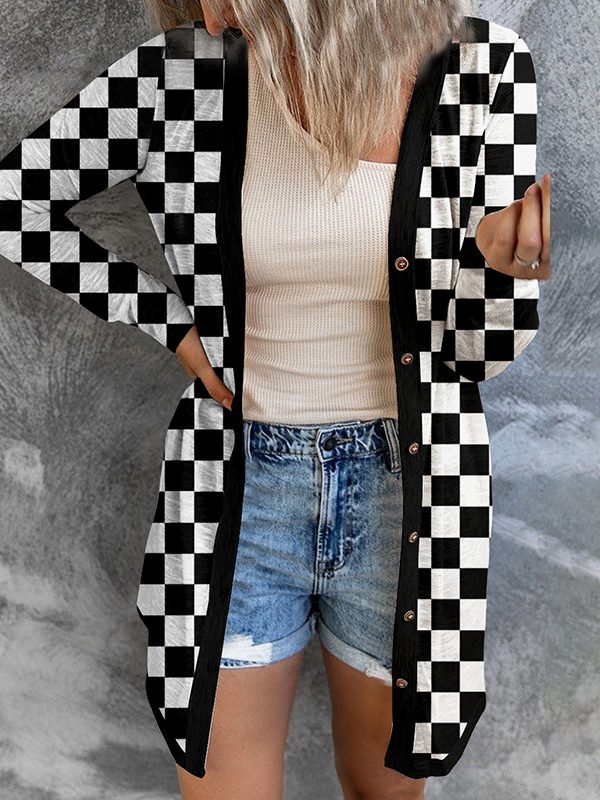 Chessboard Plaid Loose Lazy Cardigan Sweater in Sweaters