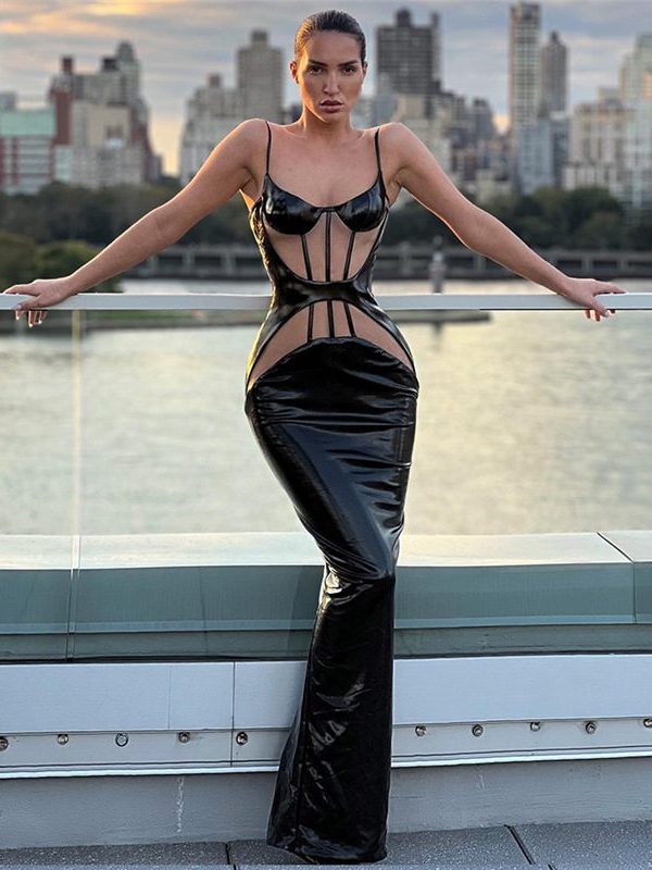 Sexy Low Cut See Through Slim Fit Slit Faux Leather Dress in Dresses