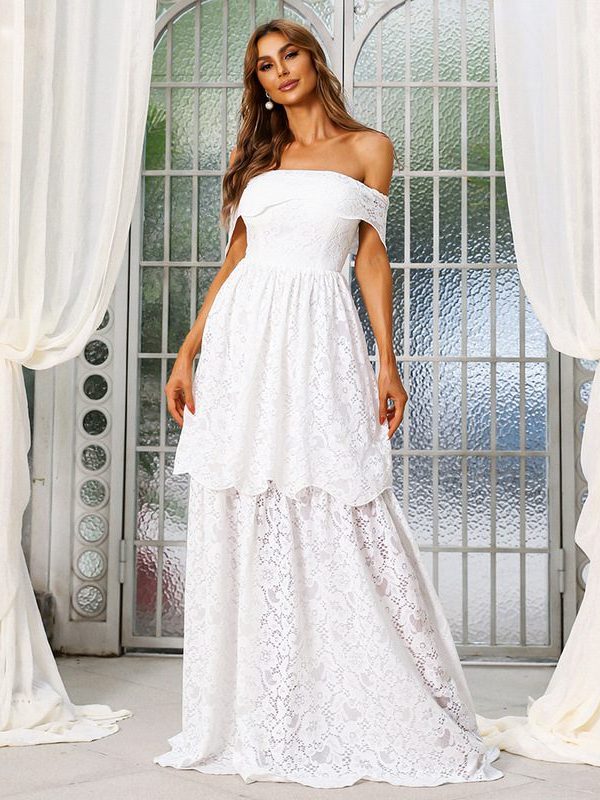 Lace Stitching White Off Shoulder Wedding Bridesmaid Evening Dress in Evening Dresses