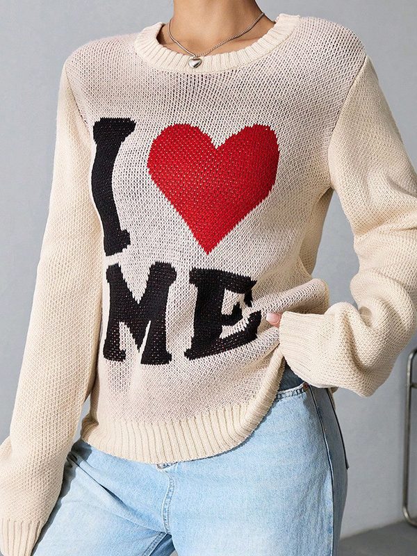 Love Loose Lazy Round Neck Jacquard Knitted Long Sleeve Sweater in Sweaters
