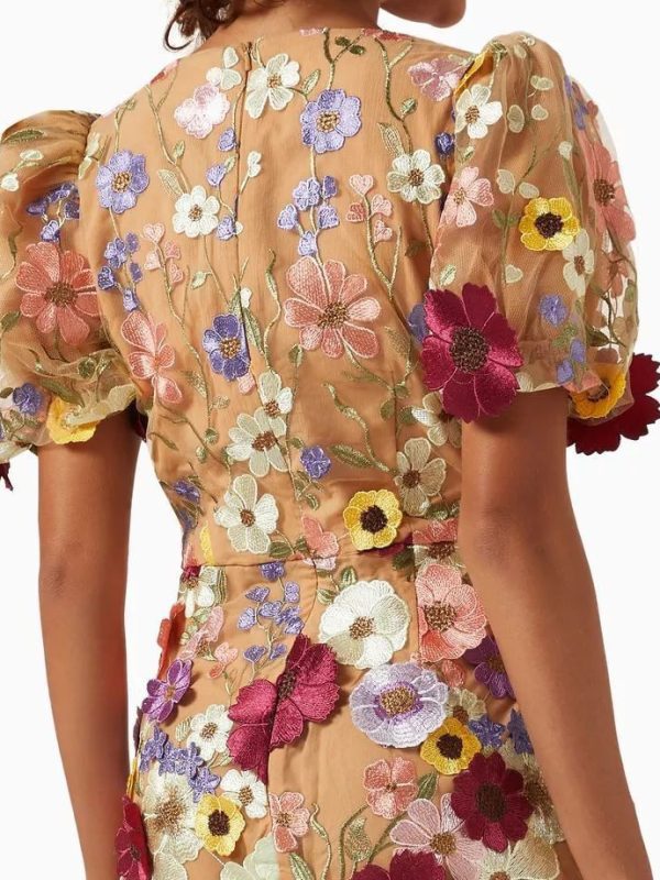 Collar Floral Sheath Lantern Sleeve Dress in Dresses