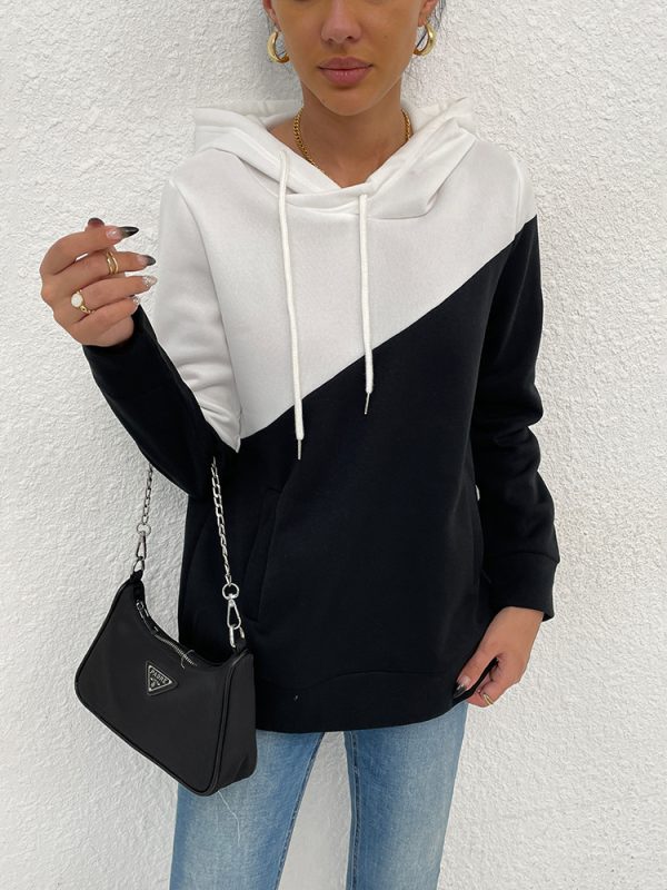 Long Sleeve Black White Stitching Hooded Sweatshirt in Hoodies & Sweatshirts