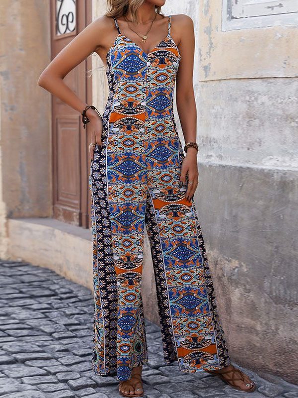 Backless Print Strap Wide Leg Ethnic Jumpsuit in Jumpsuits & Rompers