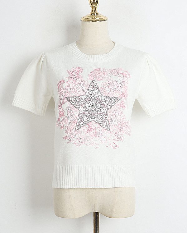 Round Neck Cropped Short Sleeved Embroidery Five Pointed Star Pattern Sweater in Sweaters