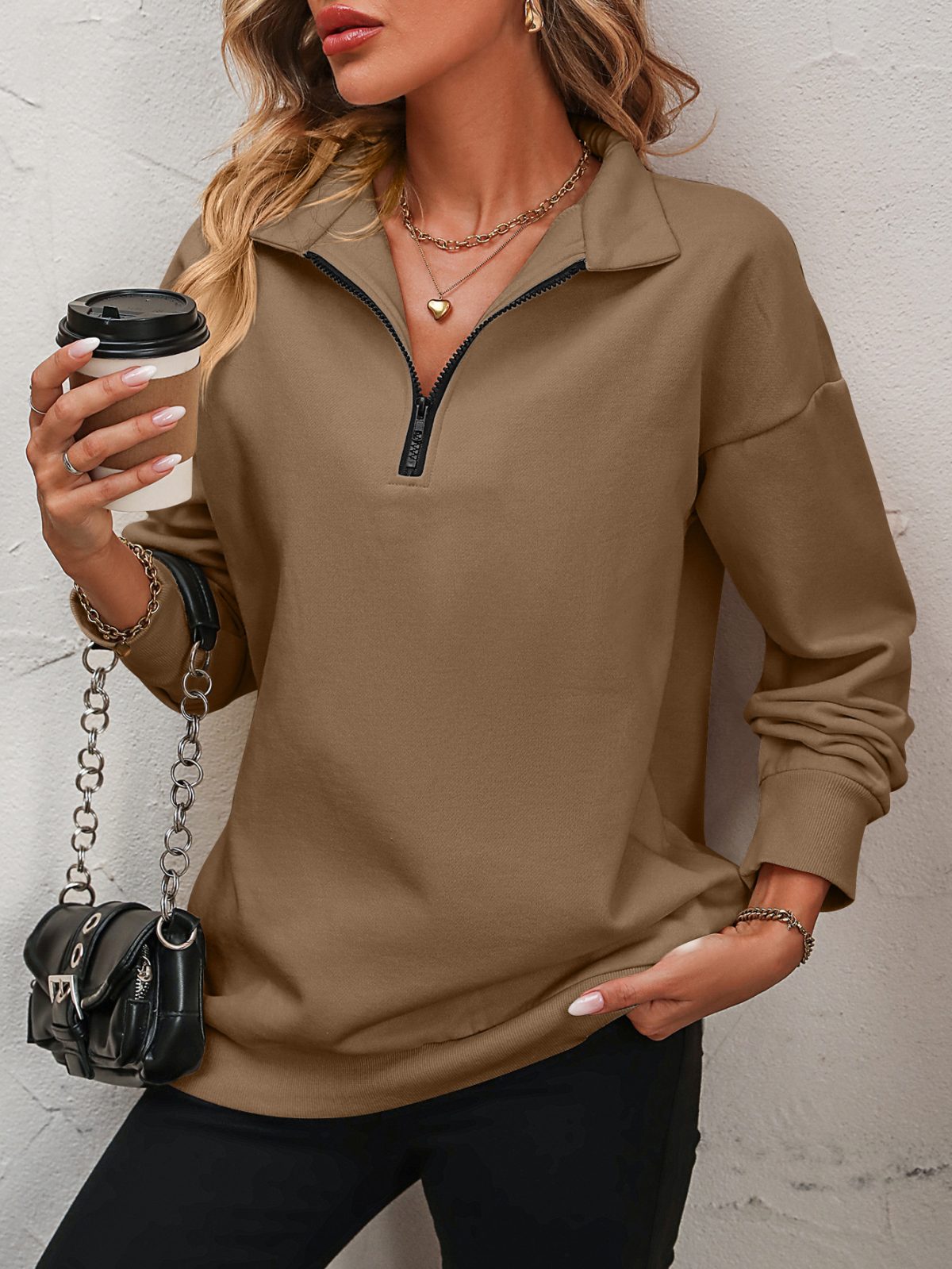 Half Long Sleeve Zipper Fleece Sweatshirt in Hoodies & Sweatshirts