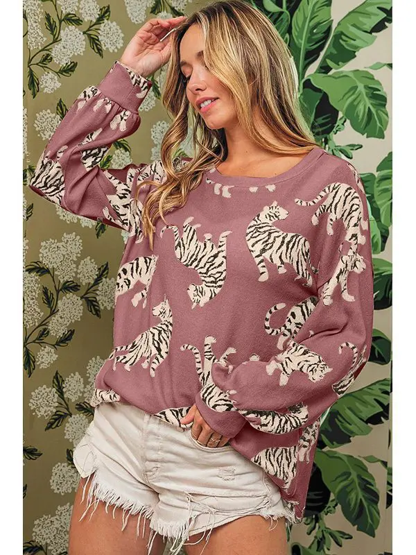 Loose Animal Floral Print Long Sleeve Sweatshirt in Hoodies & Sweatshirts