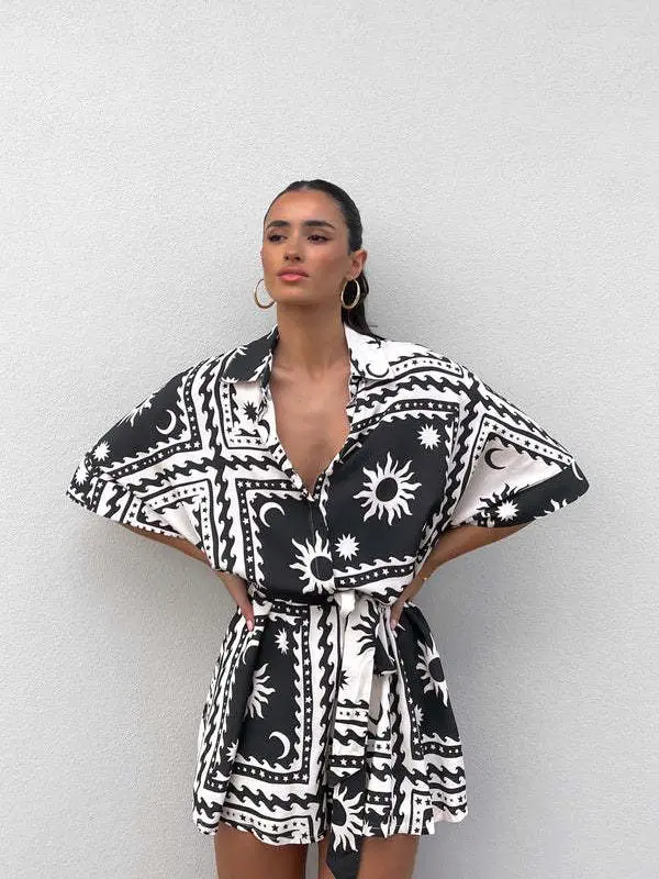 Waist Controlled Lace Up Geometric Abstract Printed Sexy Jumpsuit in Jumpsuits & Rompers