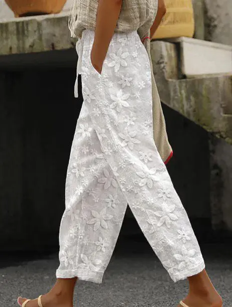 Cotton Linen Embroidery Cropped Elastic Waist Pants in Pants