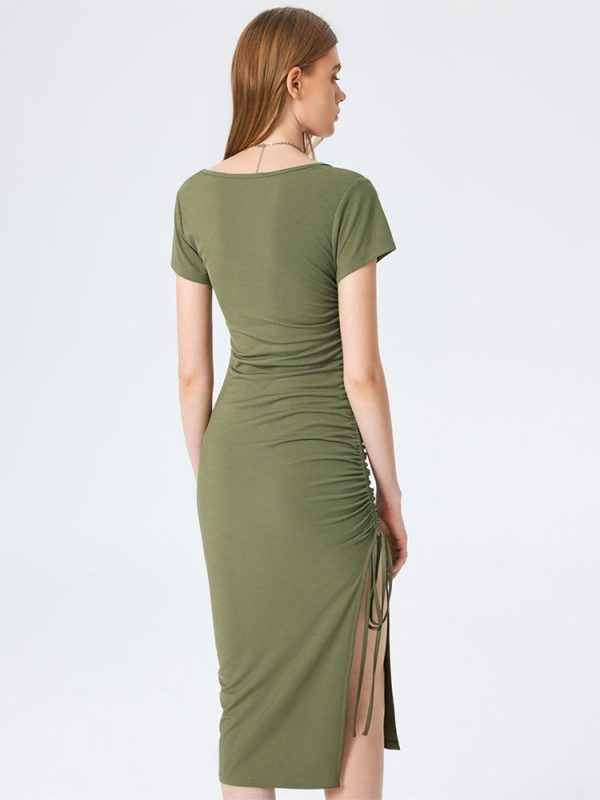 Elegant Square Cut Collar Waist Figure Flattering Side Slit Hip Dress in Dresses