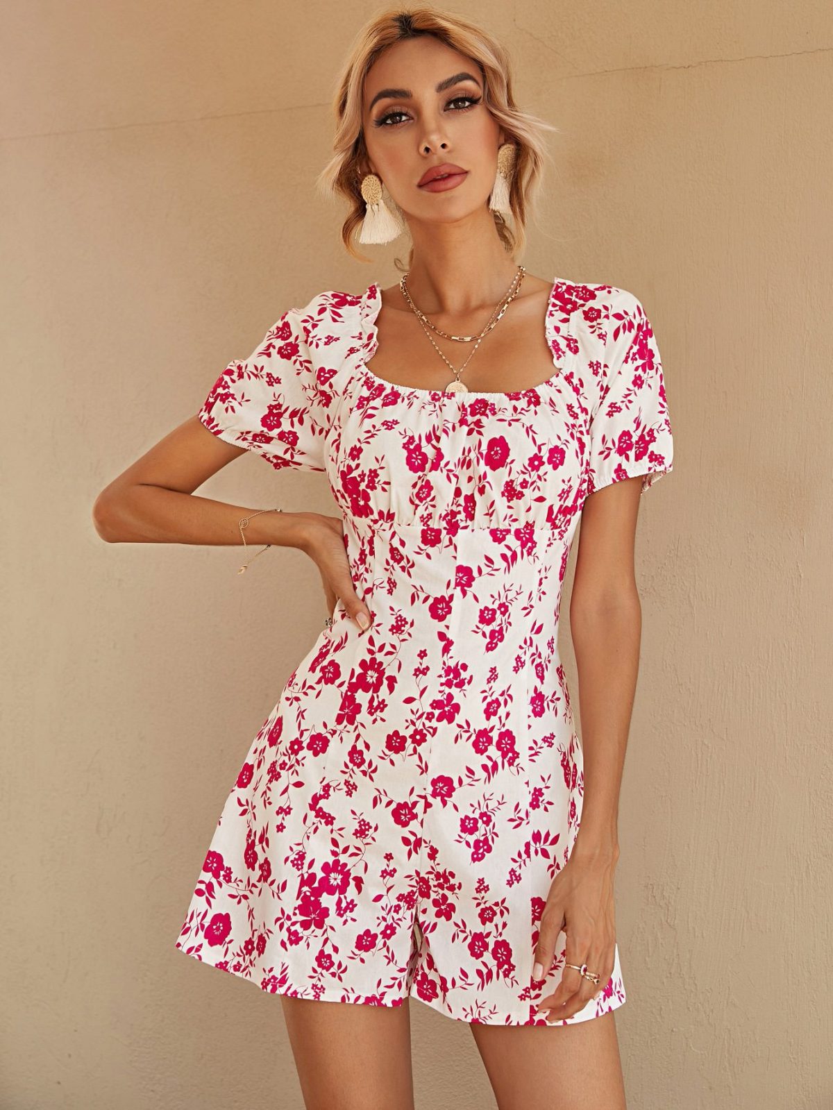 Square Collar Back Lace Printing Romper in Jumpsuits & Rompers