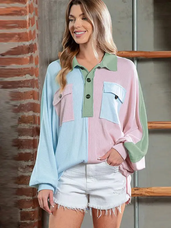 Color Matching Pocket Long Sleeved Loose Sweatshirt in Hoodies & Sweatshirts