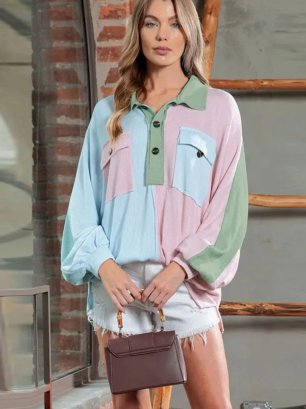 Color Matching Pocket Long Sleeved Loose Sweatshirt in Hoodies & Sweatshirts