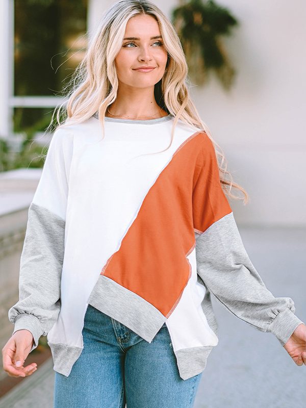 Loose Irregular Asymmetric Long Sleeve Contrast Color Knitted Sweatshirt in Hoodies & Sweatshirts