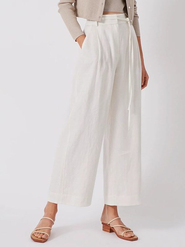 Pure Linen Lace Up Cropped Slimming Wide Leg Pants in Pants
