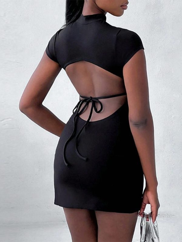 Sexy Half Turtleneck Design Lace Up Bare Back Side Slit Hip Dress in Dresses