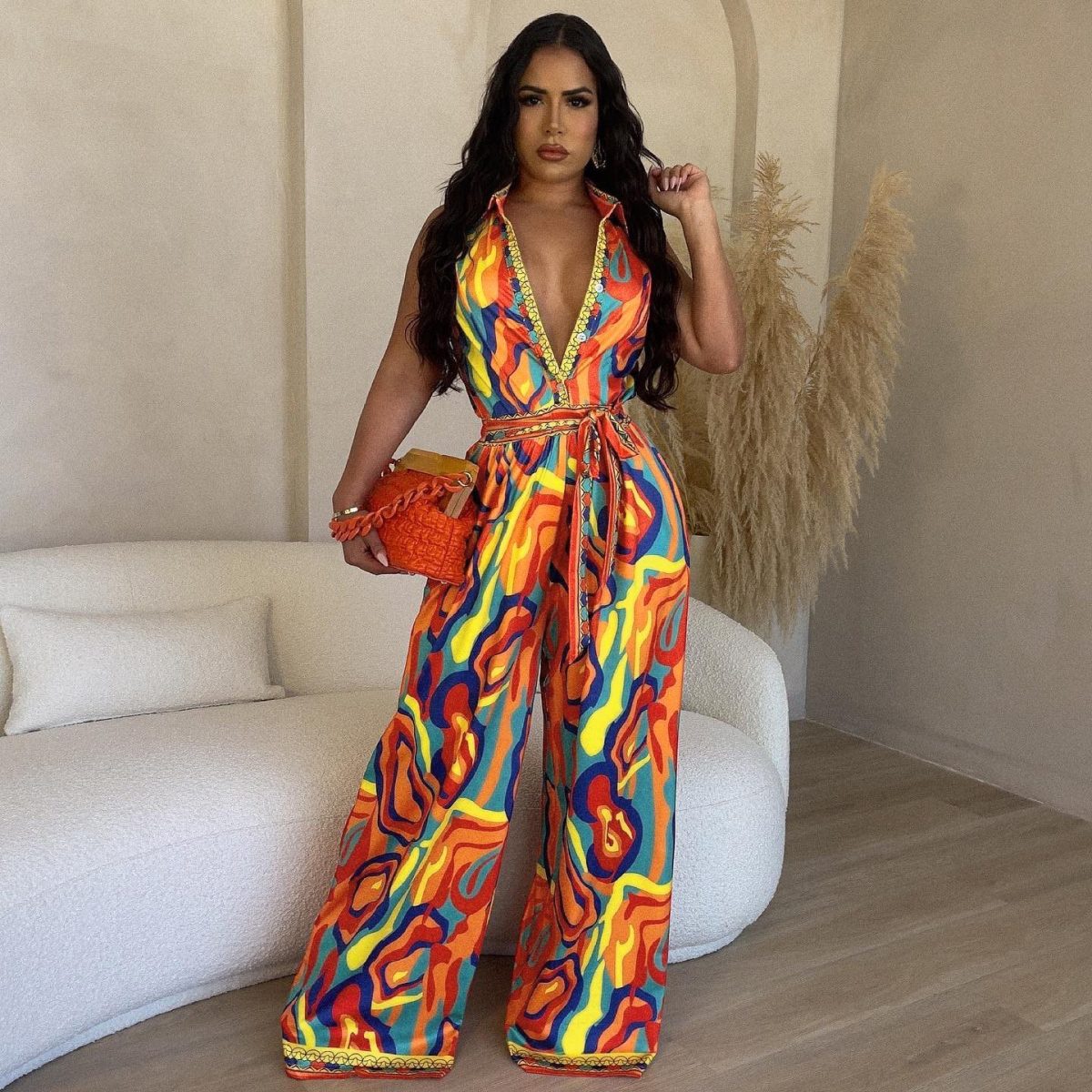 Ethnic Sleeveless Positioning Printed Wide Leg Jumpsuit in Jumpsuits & Rompers