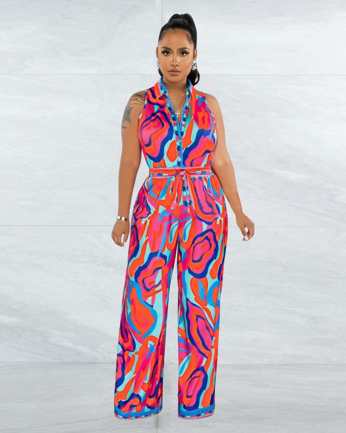 Ethnic Sleeveless Positioning Printed Wide Leg Jumpsuit in Jumpsuits & Rompers