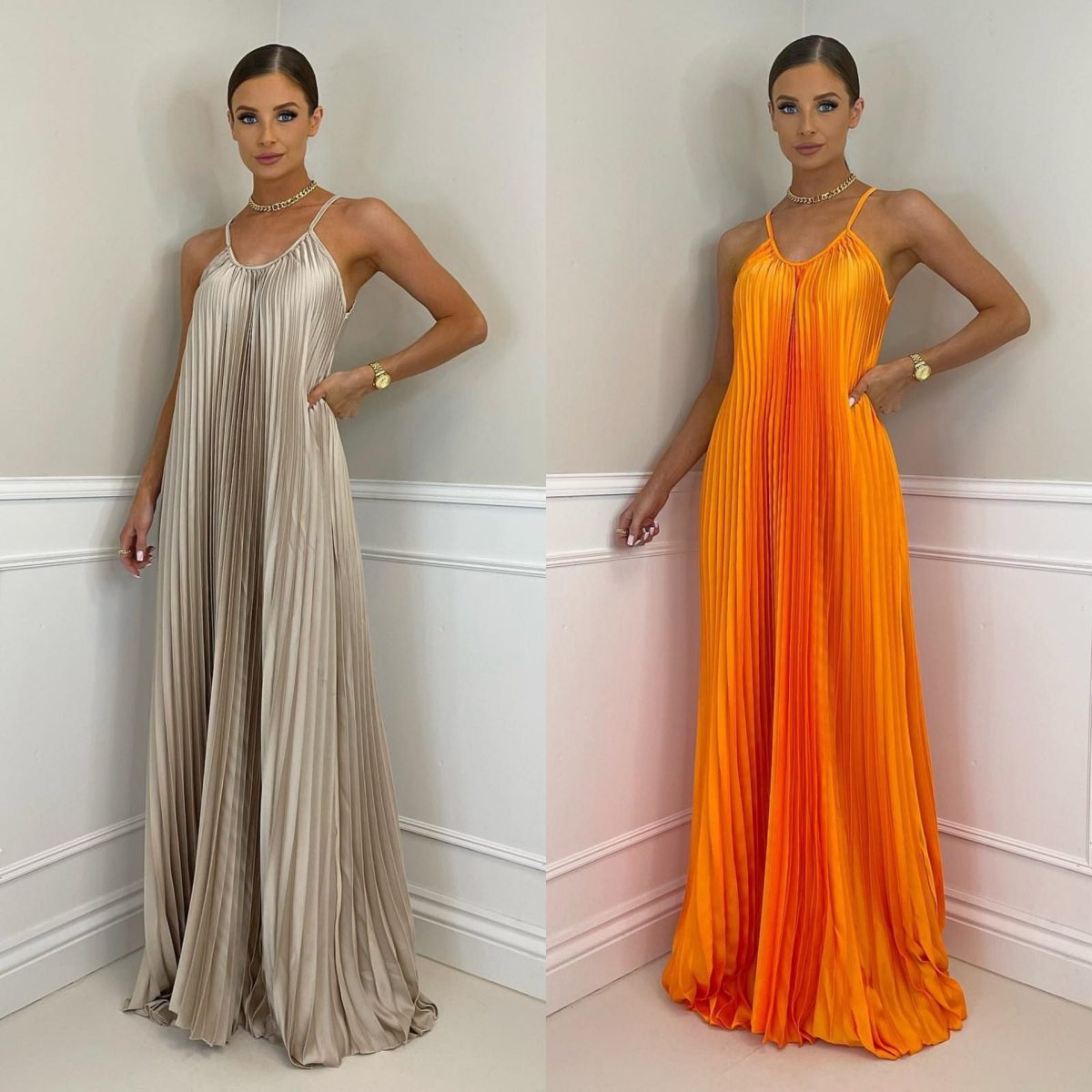 Vacation Banquet Simple Pleated Long Halter Dress in Dresses