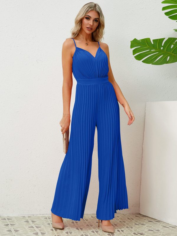 V Neck Strap Pleated Jumpsuit in Jumpsuits & Rompers