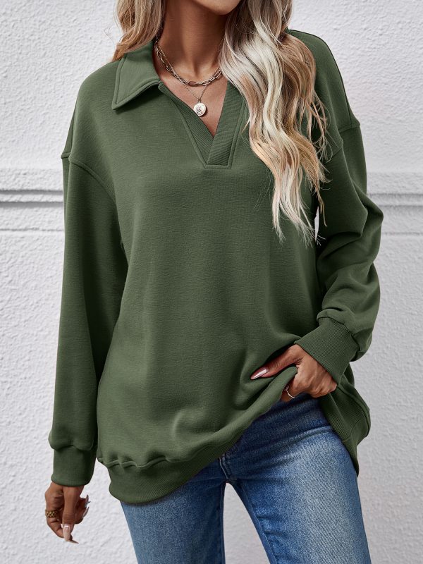 Polo Collar Long Sleeve Loose Fitting Fleece Sweatshirt in Hoodies & Sweatshirts