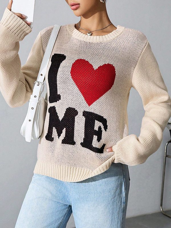 Love Loose Lazy Round Neck Jacquard Knitted Long Sleeve Sweater in Sweaters