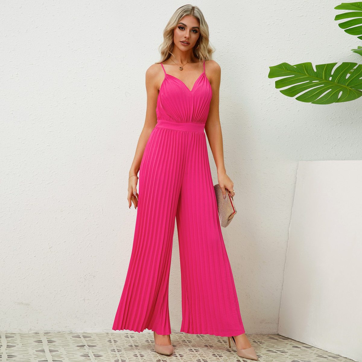 V Neck Strap Pleated Jumpsuit in Jumpsuits & Rompers