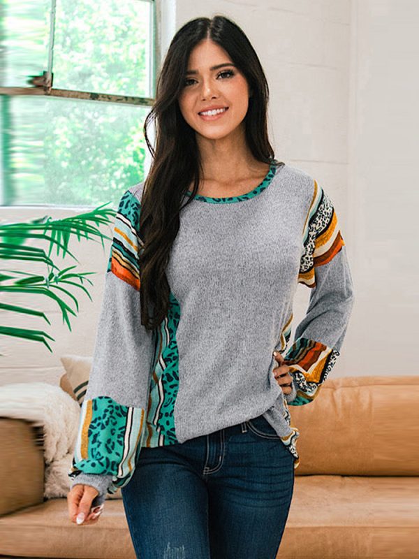 Gray Leopard Print Velvet Puff Sleeve Knitted Sweatshirt in Hoodies & Sweatshirts