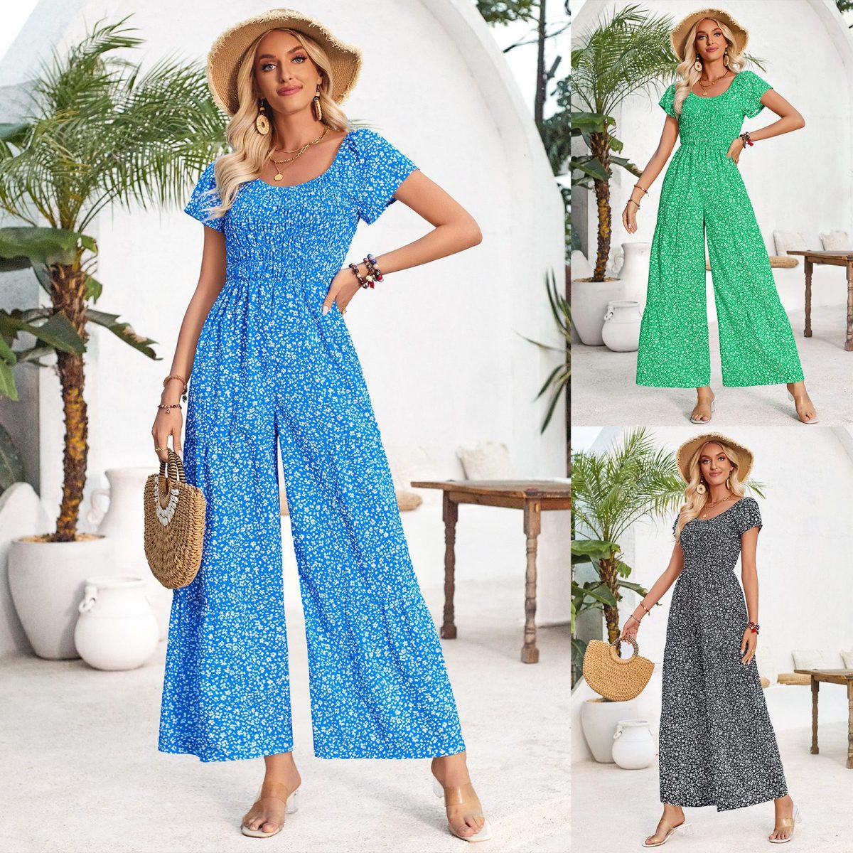 Printed Round Neck Smocking Jumpsuit in Jumpsuits & Rompers