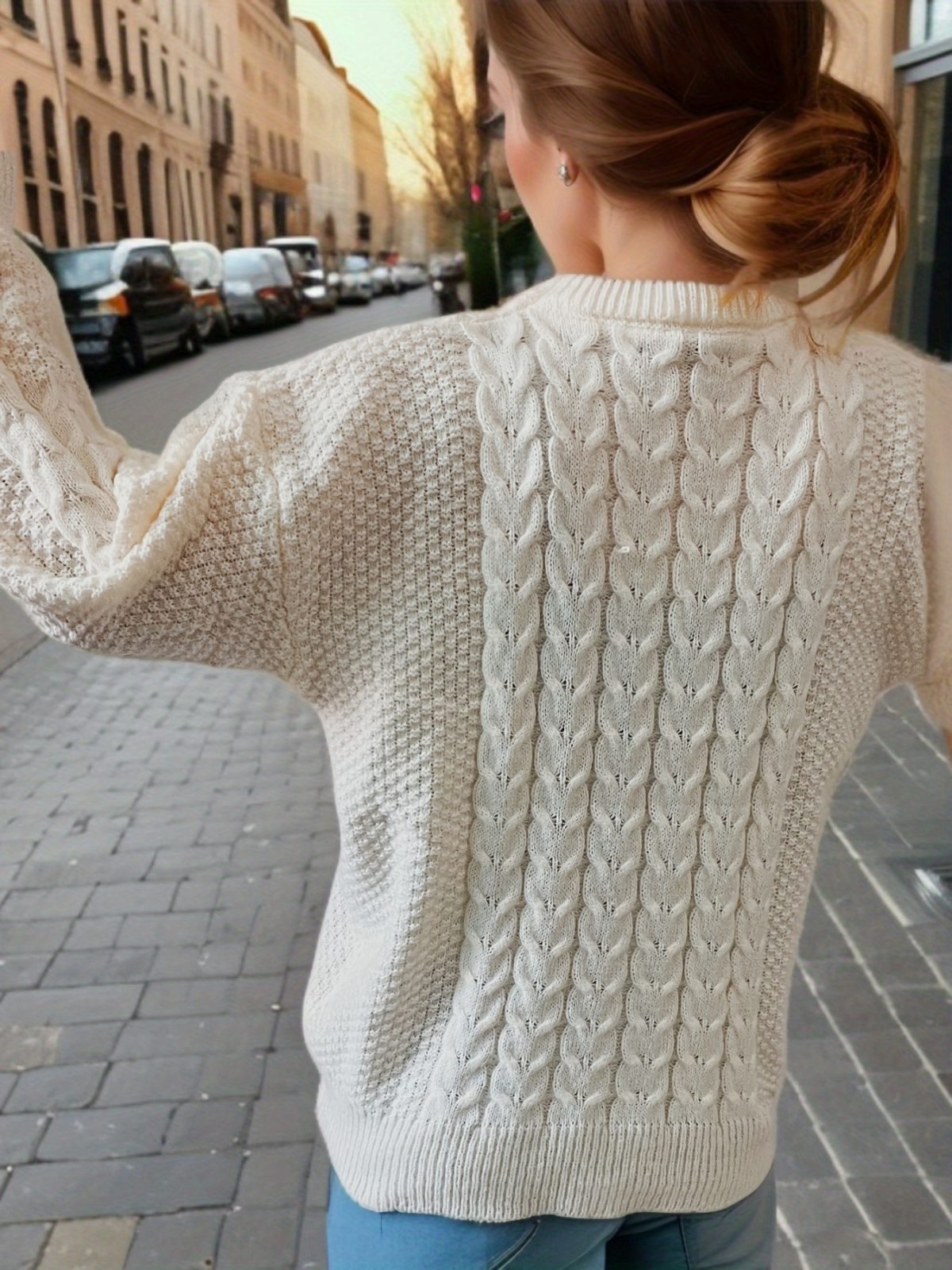 Retro Round Neck Long Sleeve Knitted Thick Needle Twist Loose Sweater in Sweaters