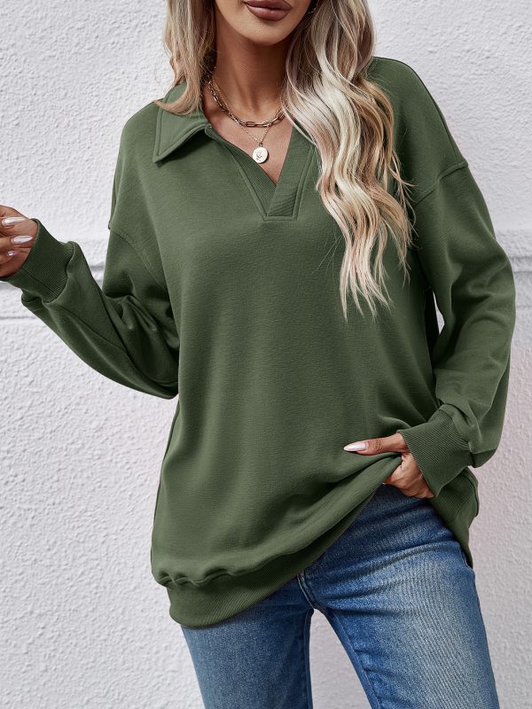 Polo Collar Long Sleeve Loose Fitting Fleece Sweatshirt in Hoodies & Sweatshirts