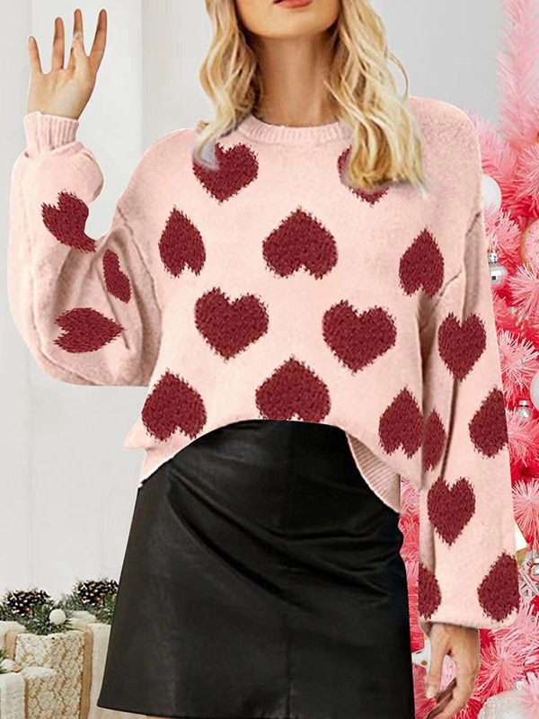 Loose Sweet Loving Heart Jacquard Pullover Sweater in Sweaters