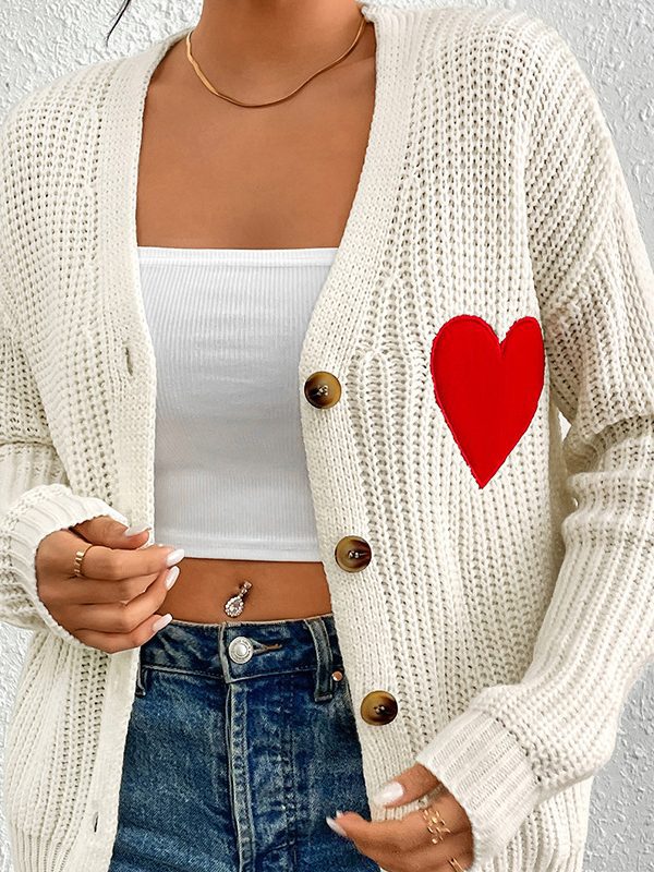 Sweet Loving Heart Embroidery V Neck Knitted Cardigan in Sweaters
