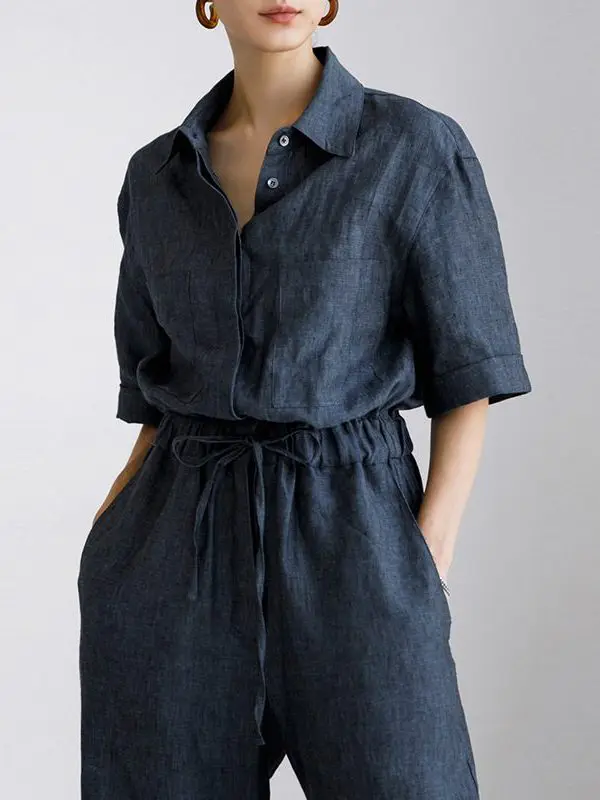 Short Sleeve Straight Leg Pants Loose Pure Linen Jumpsuit in Jumpsuits & Rompers